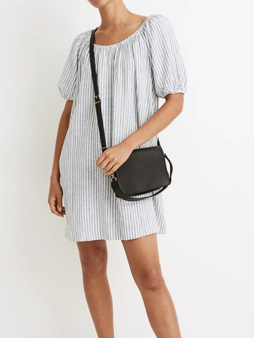 Madewell Linen-Blend Puff Sleeve Trapeze Mini Dress in Railroad Striped xs